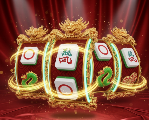 A premium, cinematic depiction of a Mahjong-themed online slot game trilogy, featuring three sets of glowing reels with detailed Mahjong tile symbols and golden dragon accents.