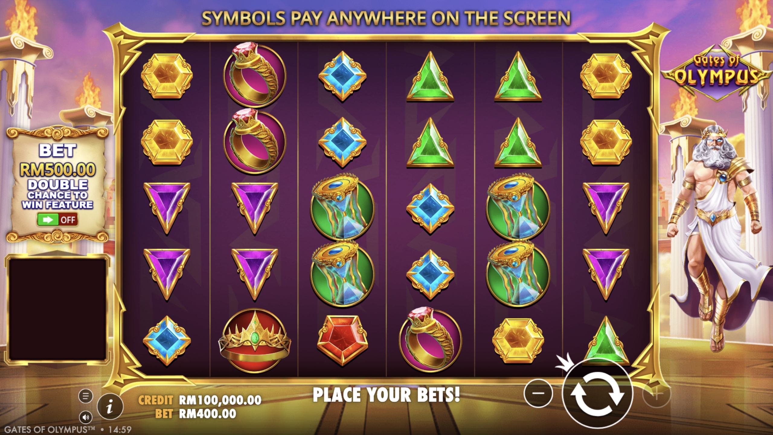Skrin permainan asas slot Gates of Olympus pada Pirate777 Malaysia — tangkapan permainan sebenar