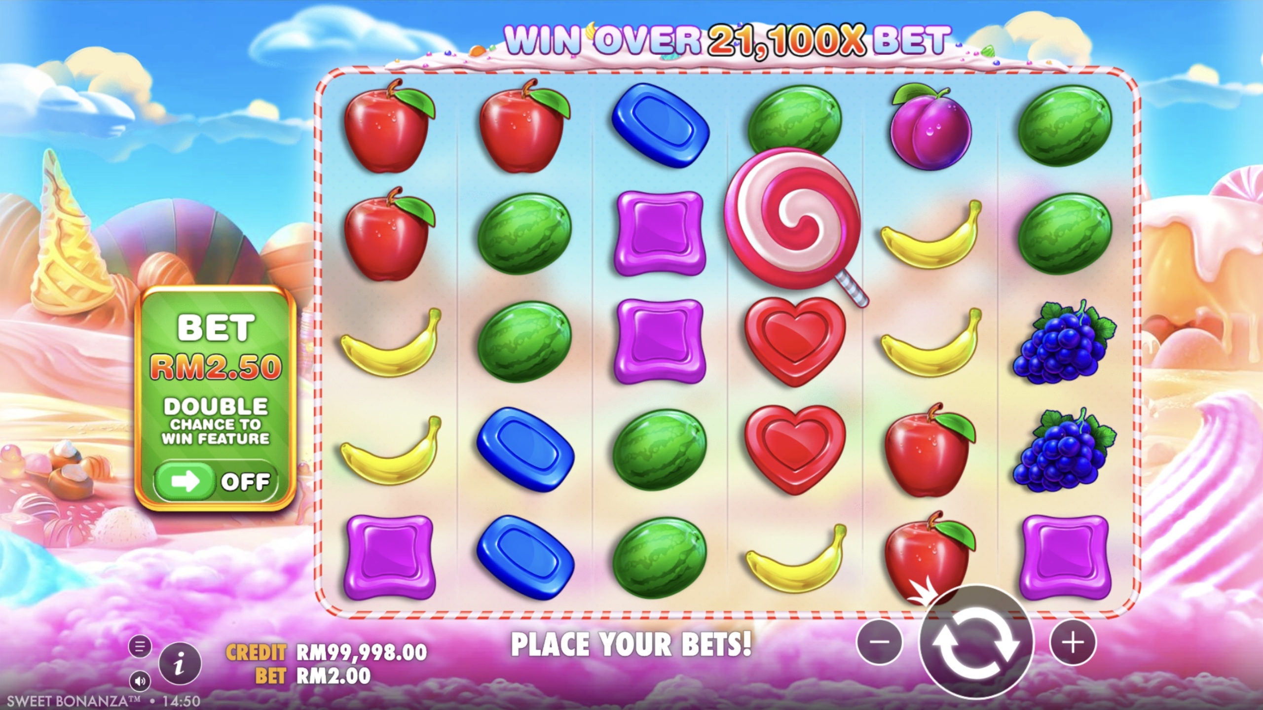 Skrin permainan asas slot Sweet Bonanza pada Pirate777 Malaysia — tangkapan permainan sebenar
