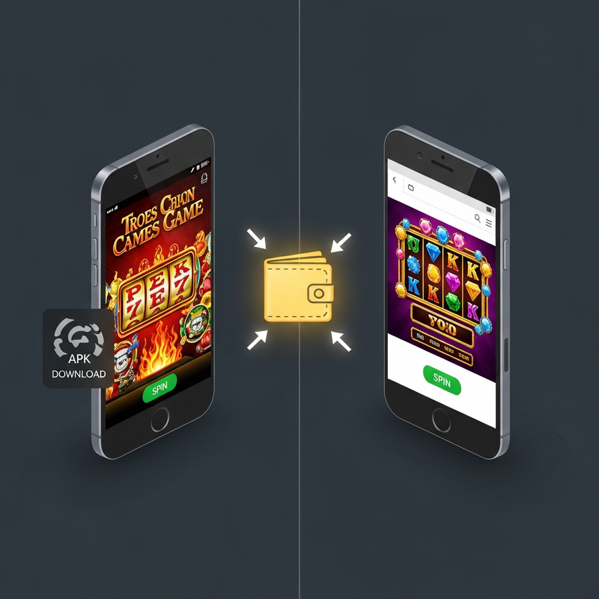 直观解释基于 APK 的供应商(如 Mega888/918Kiss)与基于浏览器的供应商之间的区别,并强调两者由同一个共享钱包注资。