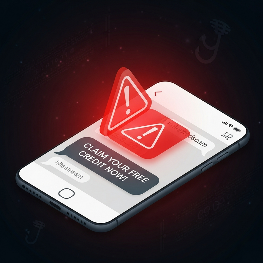 To visually represent the danger and warning signs of fraudulent 'free credit' offers sent via unsolicited messages on platforms like Telegram or WhatsApp.