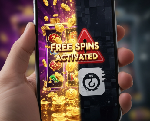A smartphone screen visually comparing a legitimate online casino free spins bonus with a dangerous scam, showing a winning game on one side and a red warning icon on the other.