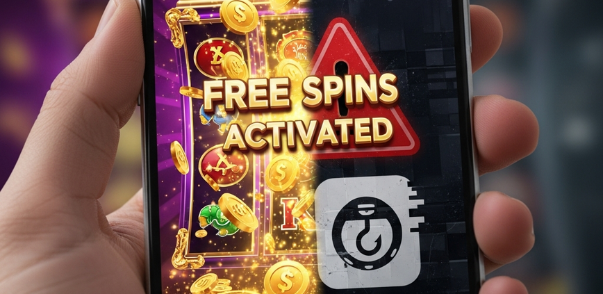 A smartphone screen visually comparing a legitimate online casino free spins bonus with a dangerous scam, showing a winning game on one side and a red warning icon on the other.