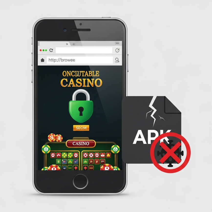 To visually explain the safety of browser-based play versus the risk of downloading a fake APK, reinforcing the article's key security message.