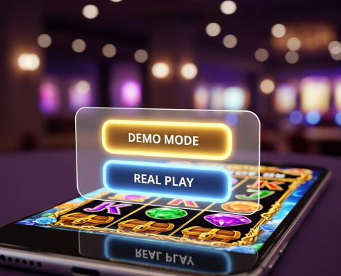 A smartphone screen showing an online slot game with a pop-up asking the user to select between a highlighted 'DEMO MODE' and 'REAL PLAY'.