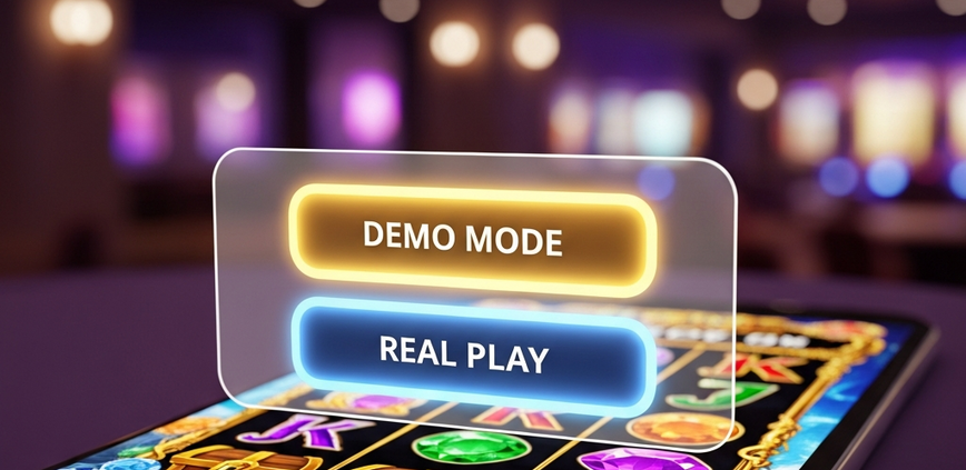 A smartphone screen showing an online slot game with a pop-up asking the user to select between a highlighted 'DEMO MODE' and 'REAL PLAY'.