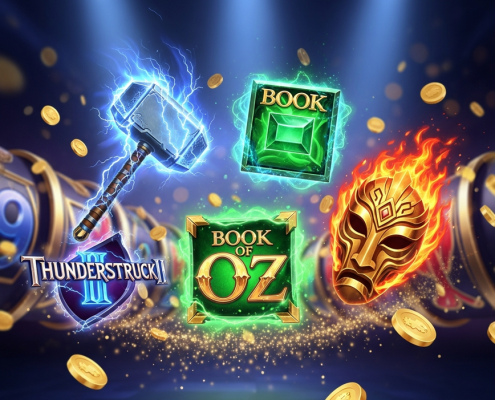 A dynamic collage of iconic Microgaming slot themes, including Thor's hammer, a glowing magic book, and a fiery mask, representing the provider's rich game catalog for Malaysian players.