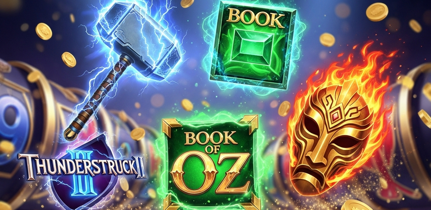 A dynamic collage of iconic Microgaming slot themes, including Thor's hammer, a glowing magic book, and a fiery mask, representing the provider's rich game catalog for Malaysian players.