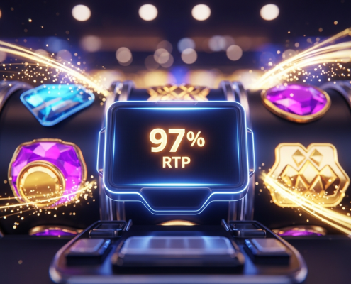 A premium online slot game interface with glowing reels, highlighting a digital display that reads '97% RTP' to represent high-return Microgaming slots.