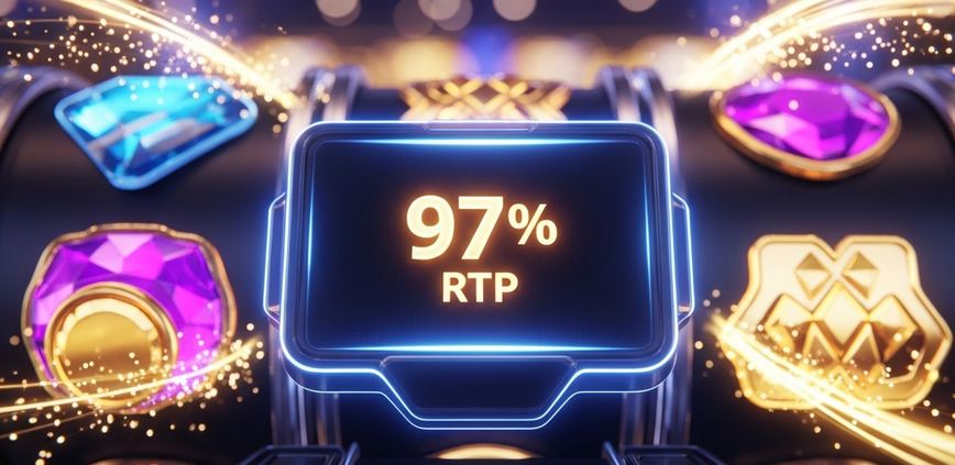 A premium online slot game interface with glowing reels, highlighting a digital display that reads '97% RTP' to represent high-return Microgaming slots.