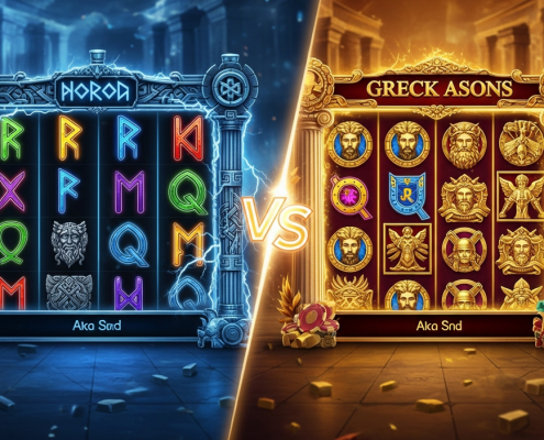A split-screen image comparing two online slot game styles: a dark Norse mythology theme on the left versus a bright Greek mythology theme on the right, representing the Microgaming vs Playtech comparison.