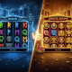 A split-screen image comparing two online slot game styles: a dark Norse mythology theme on the left versus a bright Greek mythology theme on the right, representing the Microgaming vs Playtech comparison.