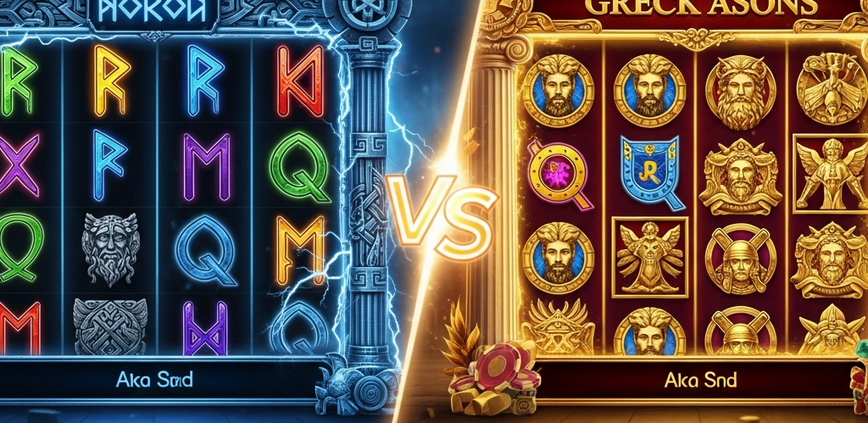 A split-screen image comparing two online slot game styles: a dark Norse mythology theme on the left versus a bright Greek mythology theme on the right, representing the Microgaming vs Playtech comparison.