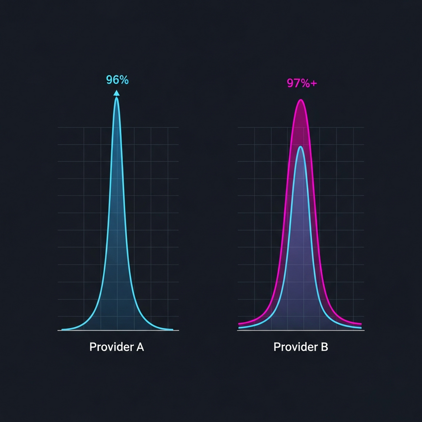 Infographic comparing two slot provider RTP models: a tight cluster around 96% versus a wide spread across many return levels.