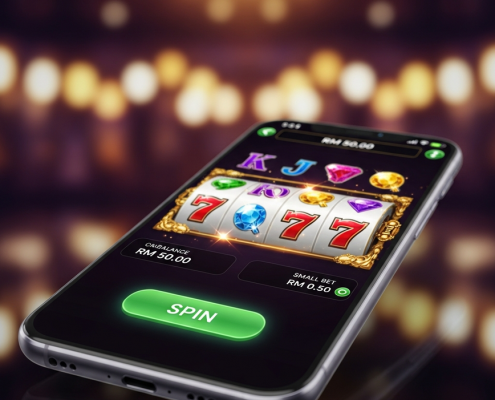 A modern smartphone displaying a Microgaming slot game, illustrating a budget-friendly strategy with a small bet size of RM0.50 and a balance of RM50.