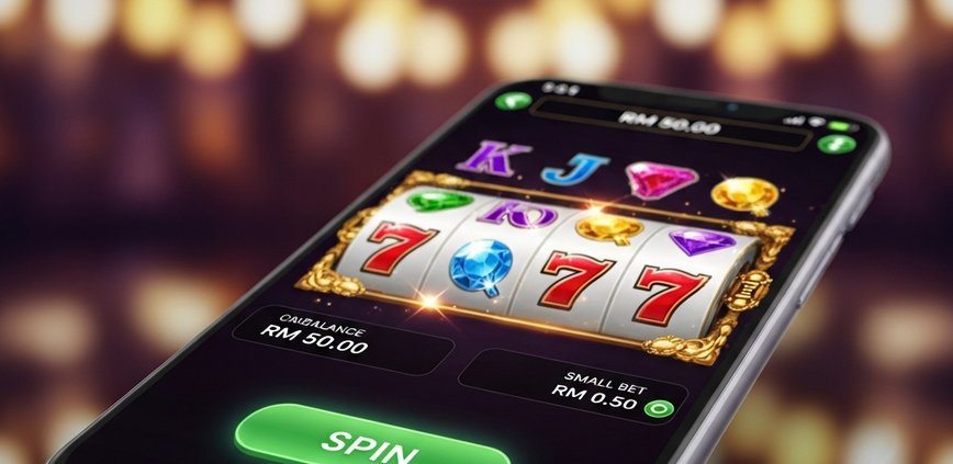 A modern smartphone displaying a Microgaming slot game, illustrating a budget-friendly strategy with a small bet size of RM0.50 and a balance of RM50.