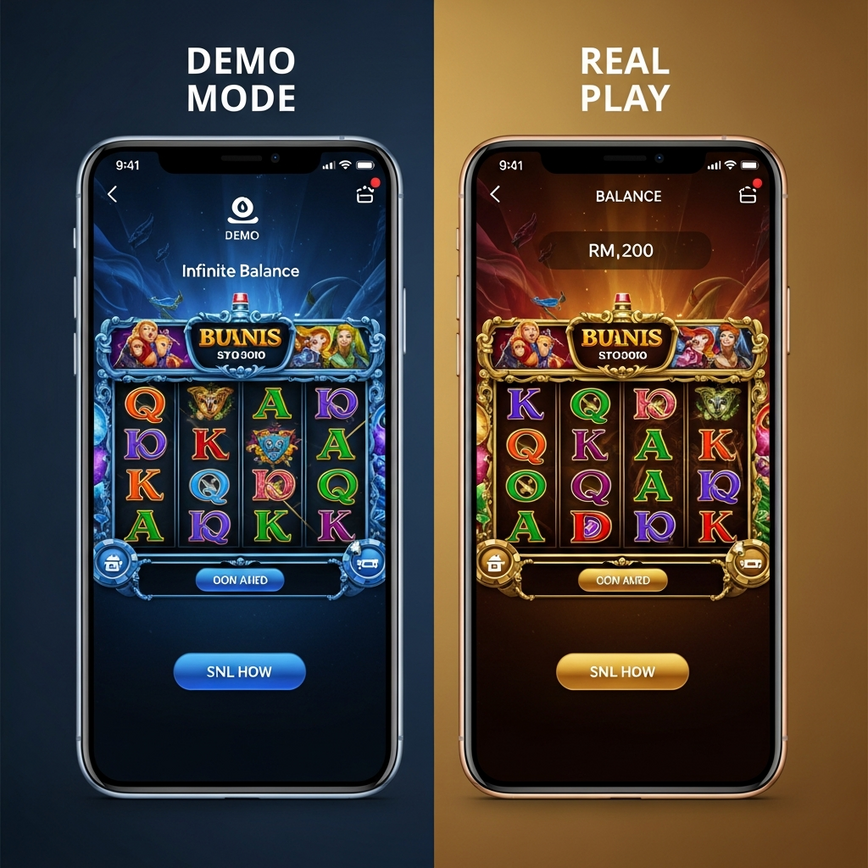 Side-by-side comparison of a slot in demo mode versus real play, showing how demo can be used to judge volatility before staking money.