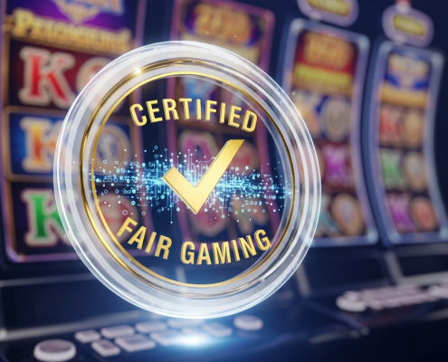A glowing 3D seal representing eCOGRA fair gaming certification floats in front of a premium online slot game, symbolizing RNG audits and player trust.