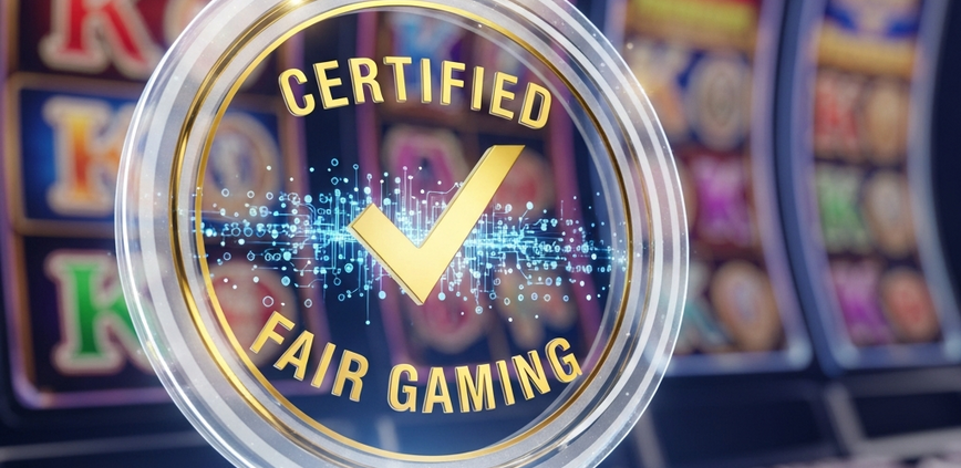 A glowing 3D seal representing eCOGRA fair gaming certification floats in front of a premium online slot game, symbolizing RNG audits and player trust.