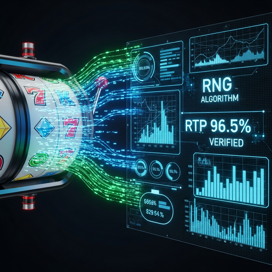 RNG 与 RTP 验证的技术可视化,将老虎机游戏机制与经独立测试的数学连接起来。