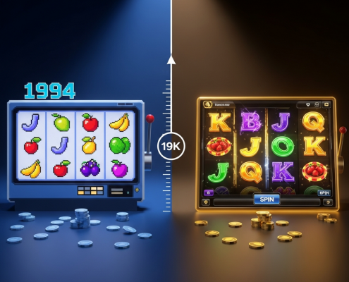 An artistic representation of the evolution of online slots, showing a 1994-style pixelated game transitioning into a modern 4K slot interface, symbolizing Microgaming's history.