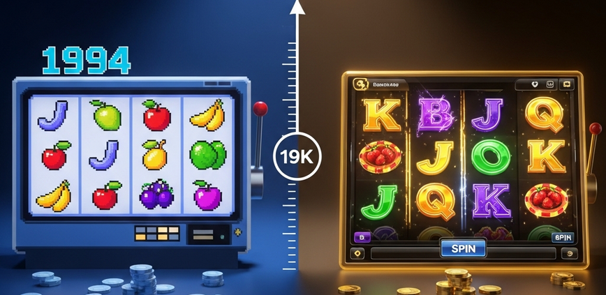 An artistic representation of the evolution of online slots, showing a 1994-style pixelated game transitioning into a modern 4K slot interface, symbolizing Microgaming's history.