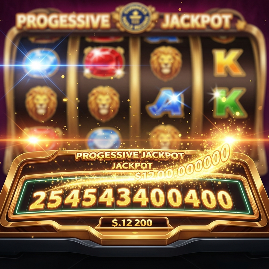 Close-up of a glowing progressive jackpot meter on a digital slot machine, representing the pooled-prize format.
