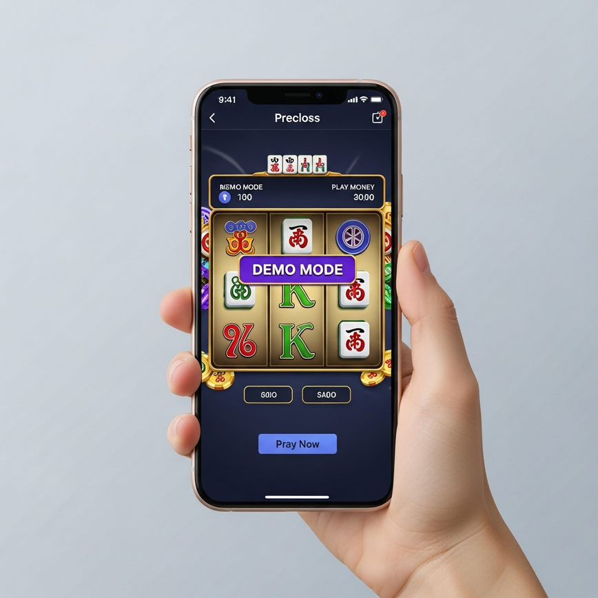 A smartphone screen showing the free demo version of a Mahjong-themed slot game, highlighting the no-download, instant browser play feature.