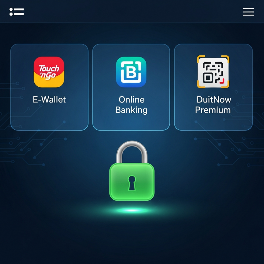A graphic showing secure Malaysian online casino payment options, with icons for e-wallets and DuitNow QR code payments, symbolizing fast and safe deposits.