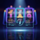 A sophisticated visual of an online slot game's interface, with a glowing digital information panel displaying key metrics like RTP, Volatility, and Max Win.