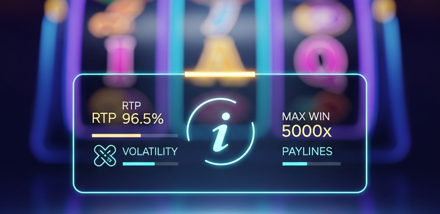 A sophisticated visual of an online slot game's interface, with a glowing digital information panel displaying key metrics like RTP, Volatility, and Max Win.