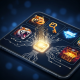A futuristic mobile casino interface showcasing a central glowing wallet icon that connects to various game provider symbols, representing a single account for Mega888, 918Kiss, and others.