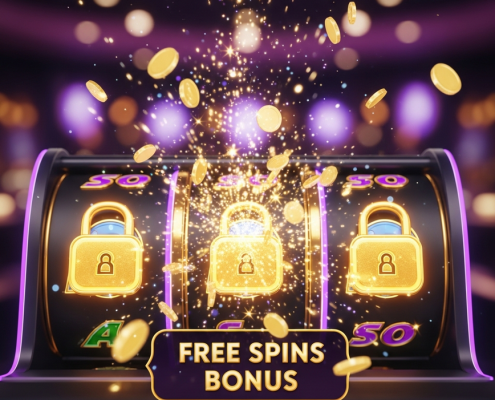 An exciting, premium online slot machine interface showing the moment a free spins bonus round is triggered by three glowing scatter symbols, with gold coins celebrating the win.