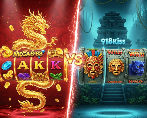 A dynamic split-screen image comparing Mega888 and 918Kiss slot themes. The left features a luxurious Chinese-fortune style with a golden dragon, while the right showcases a classic adventure style with an Aztec temple.
