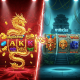 A dynamic split-screen image comparing Mega888 and 918Kiss slot themes. The left features a luxurious Chinese-fortune style with a golden dragon, while the right showcases a classic adventure style with an Aztec temple.
