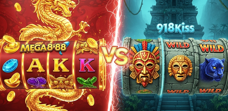 A dynamic split-screen image comparing Mega888 and 918Kiss slot themes. The left features a luxurious Chinese-fortune style with a golden dragon, while the right showcases a classic adventure style with an Aztec temple.