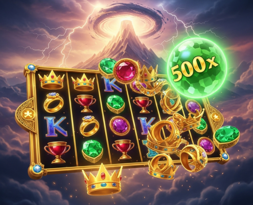 A cinematic depiction of the Gates of Olympus slot game, featuring a 6x5 grid of tumbling jewel symbols against a stormy Mount Olympus backdrop, with a large 500x multiplier orb glowing intensely.