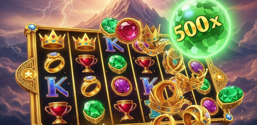 A cinematic depiction of the Gates of Olympus slot game, featuring a 6x5 grid of tumbling jewel symbols against a stormy Mount Olympus backdrop, with a large 500x multiplier orb glowing intensely.