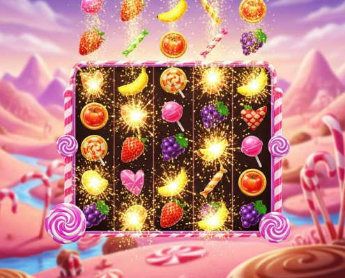 A vibrant 3D render of a candy-themed slot game, showing glossy fruit and candy symbols exploding mid-spin in a tumbling wins feature, set against a whimsical candy land background.