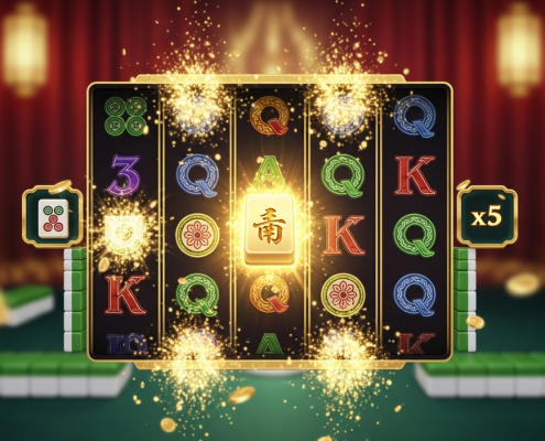 A vibrant and detailed interface of the Mahjong Ways 2 online slot game, showing cascading Mahjong tile symbols, golden feature tiles, and a win multiplier in a premium casino setting.