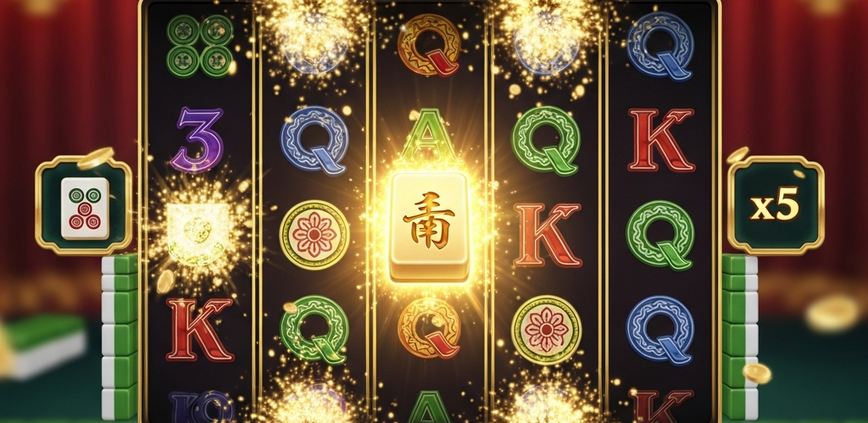 A vibrant and detailed interface of the Mahjong Ways 2 online slot game, showing cascading Mahjong tile symbols, golden feature tiles, and a win multiplier in a premium casino setting.