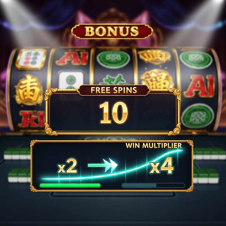 Menjelaskan secara visual ciri Putaran Percuma dan Pendarab Progresif, tarikan utama slot Mahjong Ways 2.