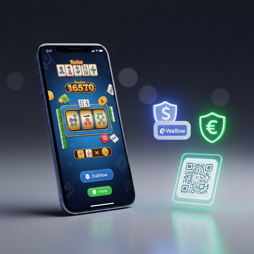 Menggambarkan kemudahan bermain permainan ini pada peranti mudah alih dengan pilihan pembayaran e-wallet Malaysia.