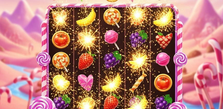 A vibrant 3D render of a candy-themed slot game, showing glossy fruit and candy symbols exploding mid-spin in a tumbling wins feature, set against a whimsical candy land background.