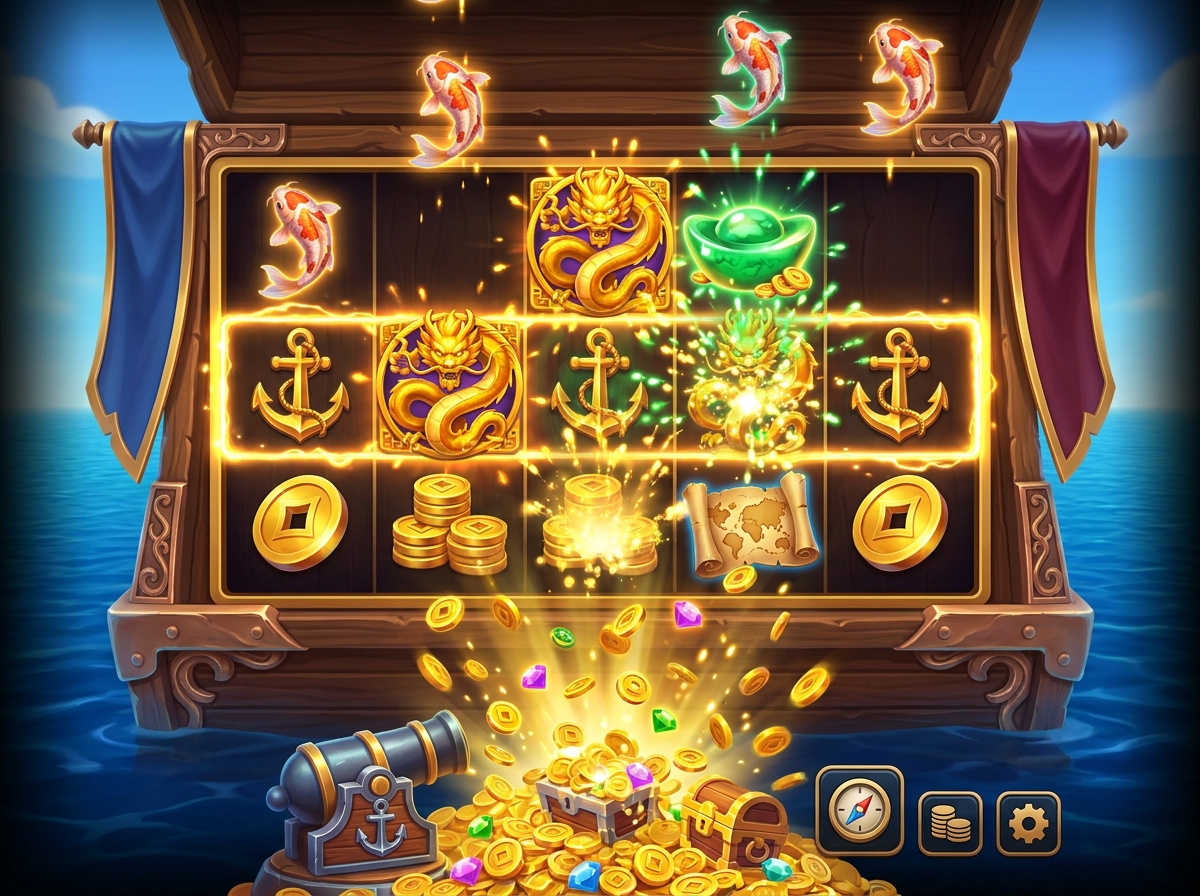 An illustration of an Asian-themed slot mid-feature, with a glowing winning line, symbols dropping in from above and a burst of gold coins.