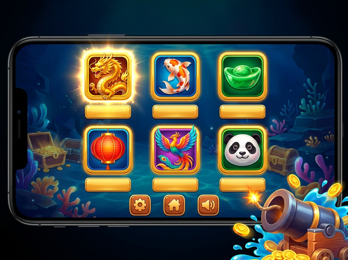 An illustration of a phone showing a lobby of Asian-themed slot tiles, with the dragon tile selected.