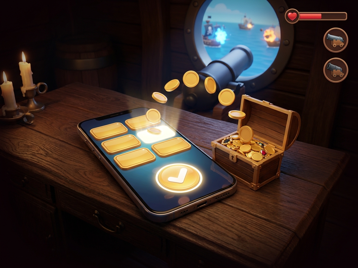 An illustration of a phone showing a simple deposit screen beside a treasure chest receiving gold coins.