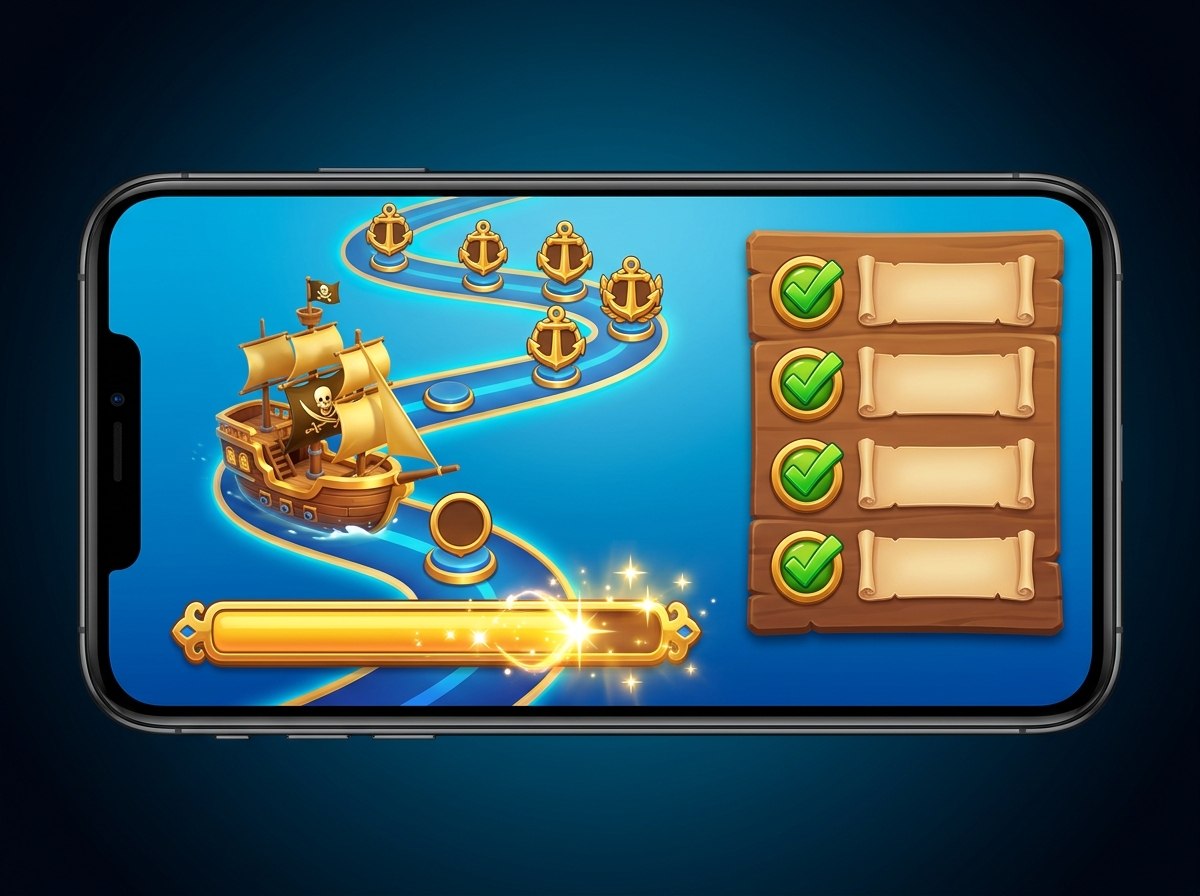 An illustration of a phone showing a pirate ship sailing up a path of rank badges beside a completed checklist.