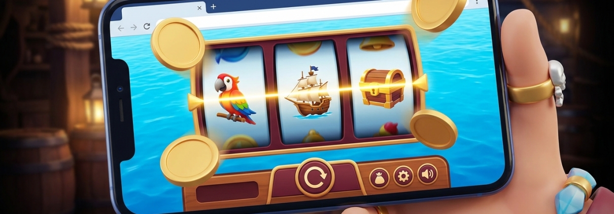 An illustration of a hand holding a phone playing a pirate-themed slot in a web browser.