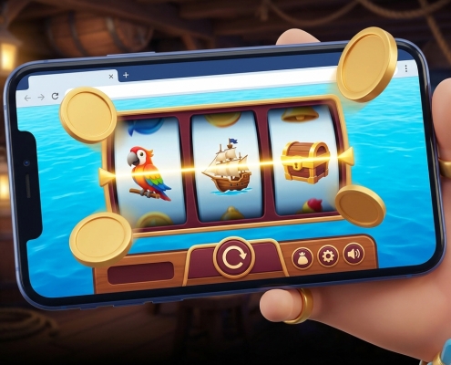 An illustration of a hand holding a phone playing a pirate-themed slot in a web browser.